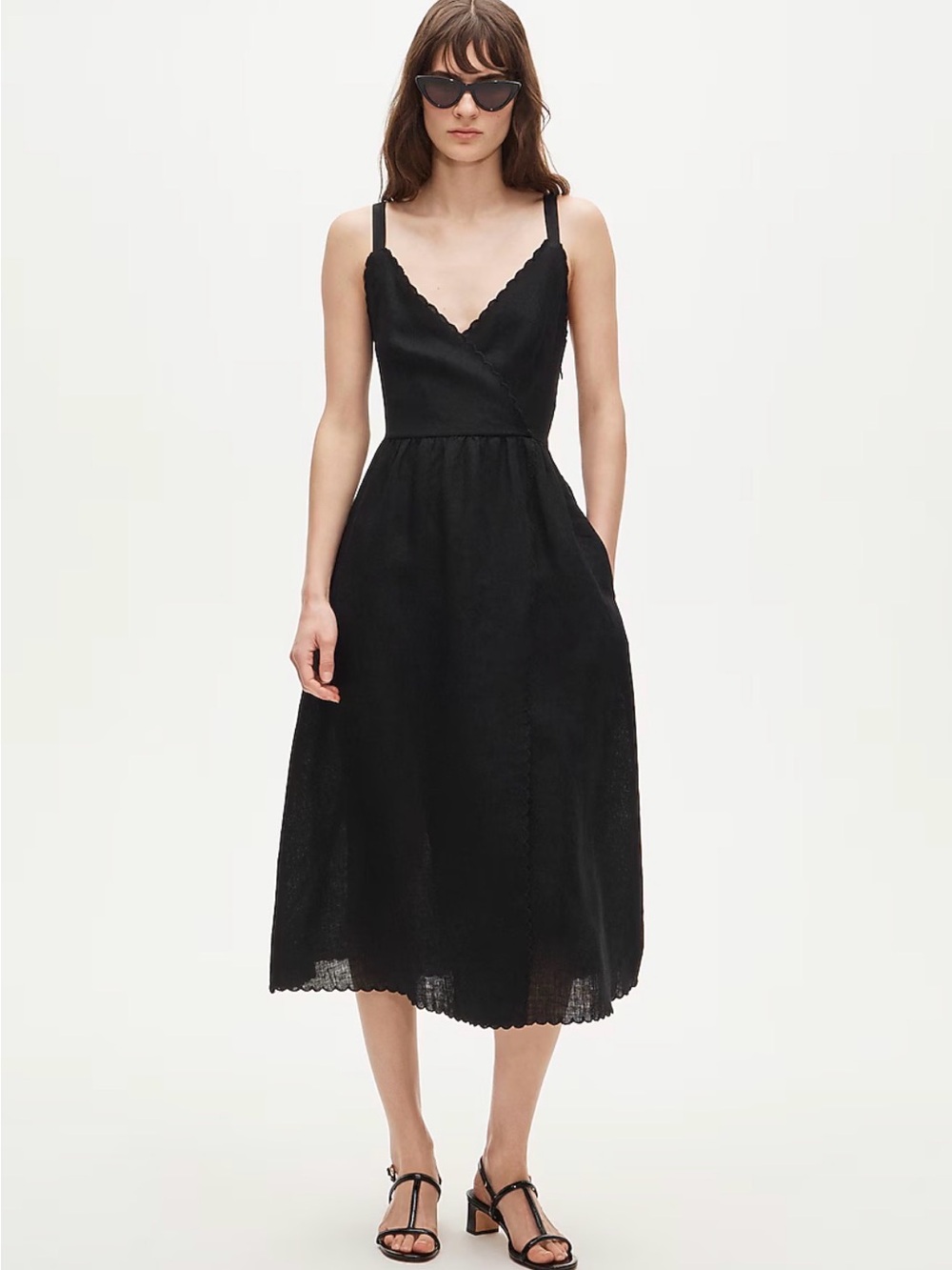 J.Crew 2026 Linen Faux-Wrap Scallop-Trim Midi Dress Black Size 8 NWT